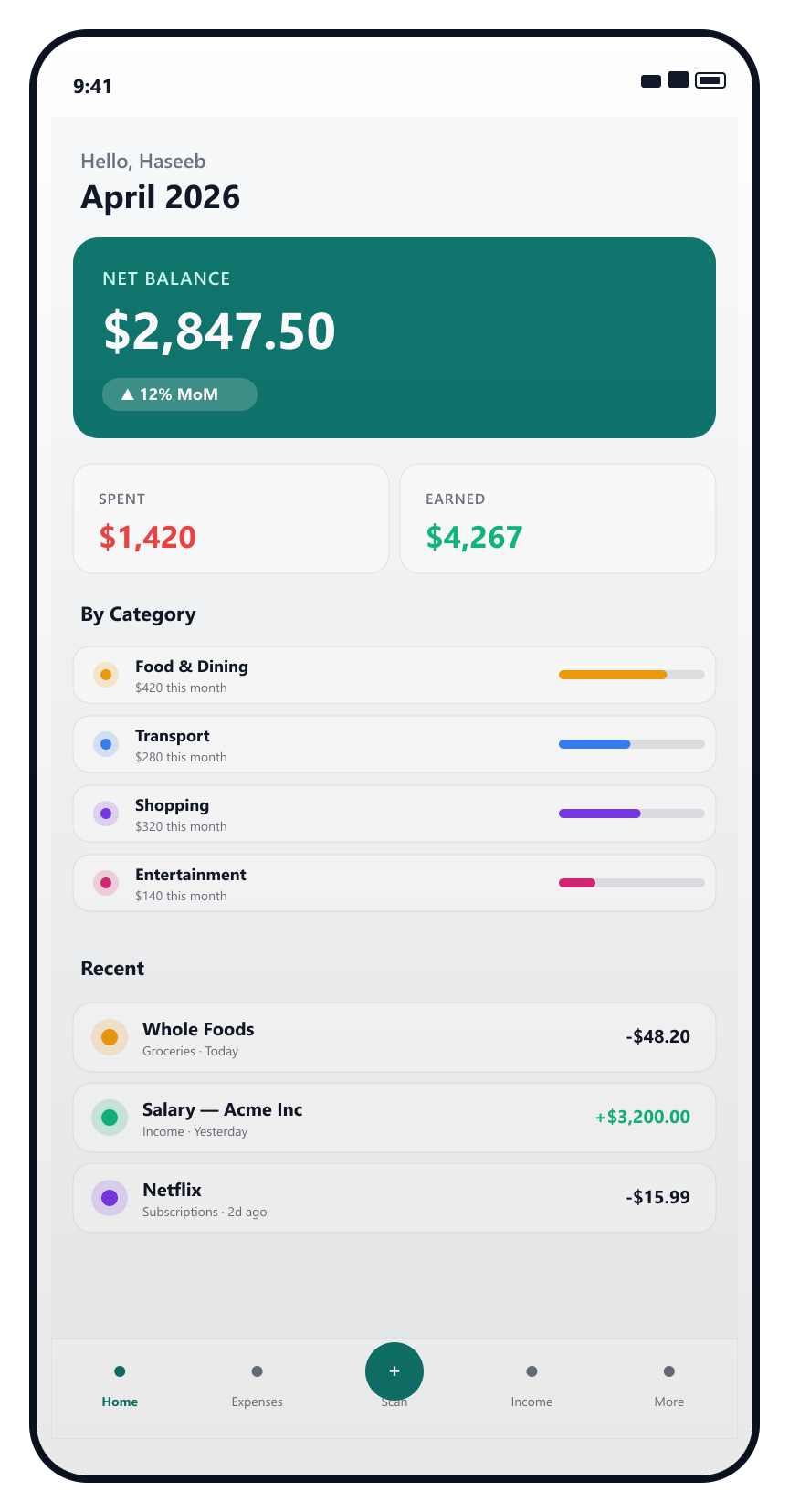 Zentally dashboard showing monthly net balance, spending by category, and recent transactions
